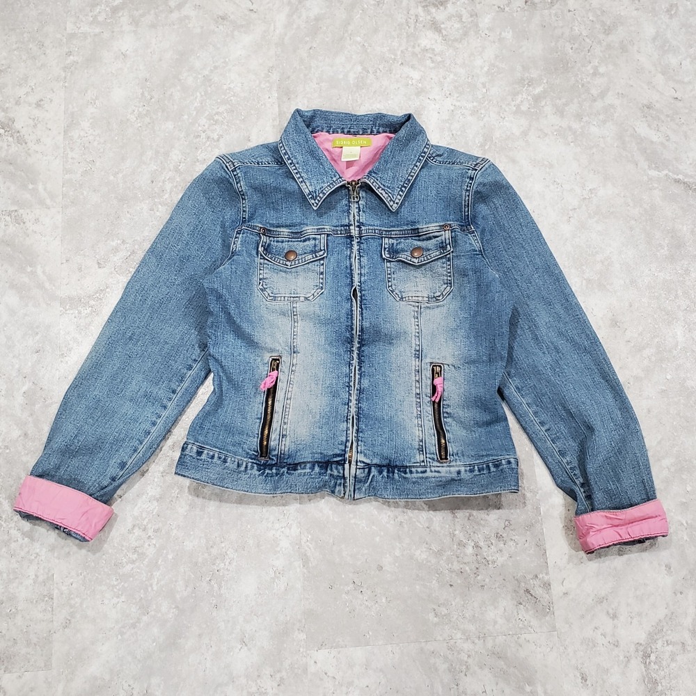 Sigrid Olsen‎ Denim Jean Button Coat Collared Jacket Pink Blue Size 8